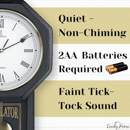Pendulum Wall Clock, Real Wood Regulator Clock, Black, Quiet Non-Chiming - color: Black