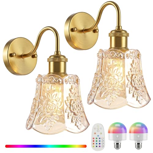 YUNICE Rechargeable Wall Sconces Set of 2 Battery Operated Wall Sconce with Remote Control Dimmable Cordless Wall Lamp with Amber Glass Lampshade Antique Brass Wall Lights for Bedroom Living Room - color: Amber
