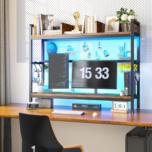 REIBII 2-Tier Desk Shelf with LED for Bedroom and Home Office, Rustic Brown - color: Rustic Brown, size: 7.8"D x 37.5"W x 38.7"H