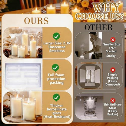 24 PCS White Pillar Candles with Glass Candle Holders Clear Hurricane Candle Holders Glass Cylinder Vases for Centerpieces Wedding Party, Event, Home Decor Ivory White
