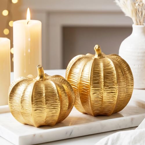 Gold Pumpkins Fall Decor, 2Pcs Modern Decorative Pumpkin Figurines - color: Gold-set of 2