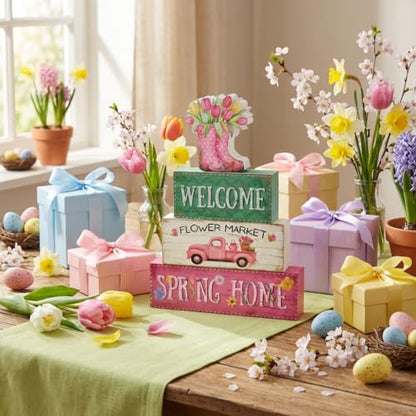 4Pcs Fall Decorations, Wooden Table Decor for Thanksgiving (Spring)