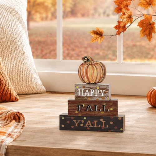 Smile Fall Wooden Block Decor Signs Pumpkin Plaque HAPPY FALL Y'ALL Tiered Tray Tabletop Signs for Autumn Harvest Thanksgiving Home Decor - style: Fall Y’all