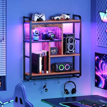 HOOBRO Gaming Floating Shelves for Wall, 26.4" LED wall Shelf Display Rack - color: Rustic Brown + Black