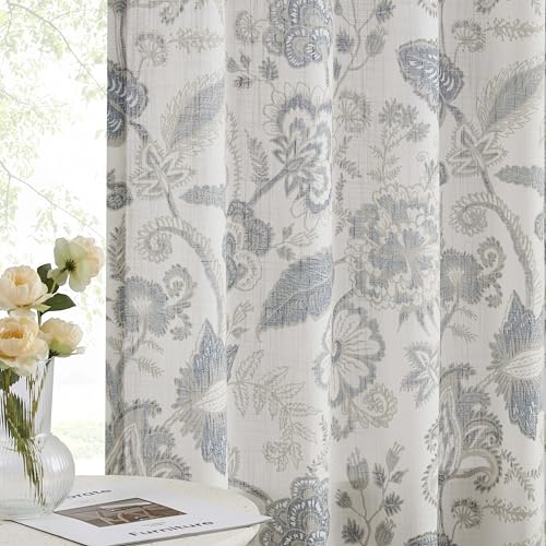 Kayne Studio Blue Grey Floral Botanical Rod Pocket Semi Sheer Curtains 95"L - color: Blue Grey, size: 52"W x 95"L (Pack of 2)