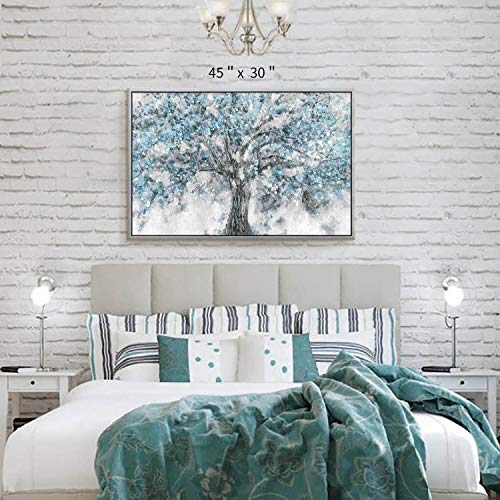 Abstract Blue Tree Canvas Wall Art, Modern Nature Picture, 45x30 Inches - color: Framed Blue Tree, size: 45"L x 30"W