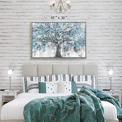 Abstract Blue Tree Canvas Wall Art, Modern Nature Picture, 45x30 Inches - color: Framed Blue Tree, size: 45"L x 30"W