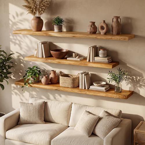 55" Live Edge Floating Shelf, Solid Elm Wood Wall Shelf - color: Artisan Natural, size: 55 Inch | 1 Pack
