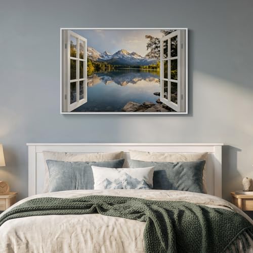 Framed Window Nature Scenic Landscape Wall Art for Living Room, 24x36 Inch - color: White Blue, size: 36"L x 24"W