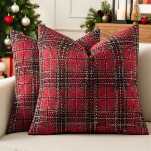 MIULEE Tartan Plaid Throw Pillow Covers Christmas 18x18 Inch Red - color: Red, size: 18" x 18" (Pack of 2)