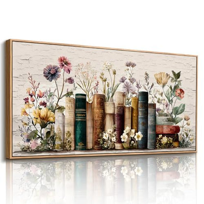 crmotu Bookish Large Wall Art, Floral Still Life Canvas Prints 20"x40" - color: Emerald Brown, size: 40"L x 20"W