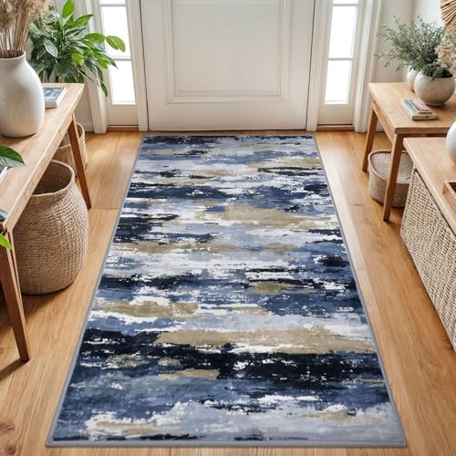 Abstract Washable Rugs for Entryway 3x5 Area Rug Non Slip Door Mat | Navy Blue Multi;Thin Printed Faux Wool Kitchen Rugs;Indoor Front Door Rug;Entry Rug;Floor Carpet;Throw Rugs for Living Room - color: Navy / Blue / Taupe, size: 3' x 5' (Rectangular)