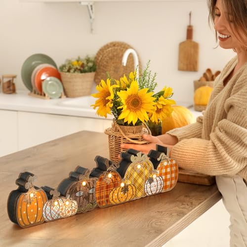 Yousoontic Fall Pumpkin Decor Table Centerpieces Halloween Wooden Pumpkin Sign Decorations with LED Lights 3D Block Autumn Harvest Farmhouse Fall Thanksgiving Decor for Home Mantel Desk Office Party - style: Pumpkin
