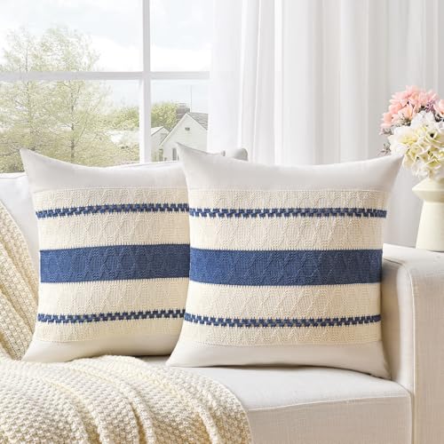 Fancy Homi Set of 2 Dusty Blue Vintage Small Decorative Throw Pillow Covers 14x14 Inch for Couch Bed Sofa Chair Bedroom, Rustic Retro Square Cushion Case, Modern Farmhouse Boho Living Room Decor - color: Dusty Blue, size: 14" x 14" (Pack of 2)