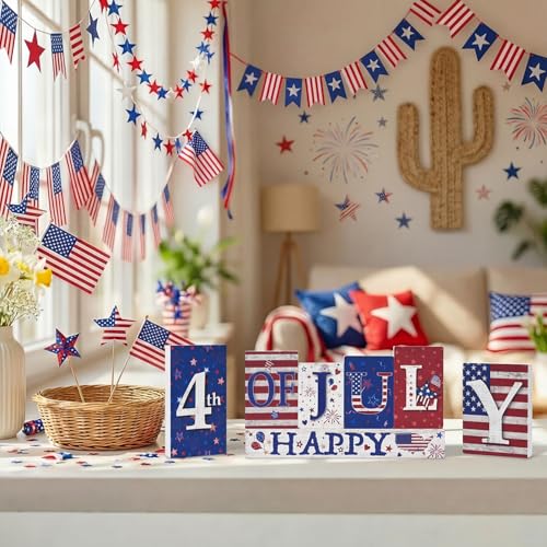 Smile Happy 4th of July Wooden Letter Block Set, 7-Piece Patriotic Tiered Tray Tabletop Decor for Independence Day - style: 4th of July