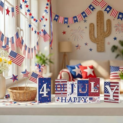 Smile Happy 4th of July Wooden Letter Block Set, 7-Piece Patriotic Tiered Tray Tabletop Decor for Independence Day - style: 4th of July