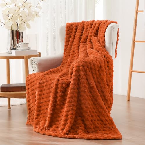 Vessia Flannel Fleece Throw Blanket, 3D Jacquard Burnt Orange Fuzzy and Warm Blanket for Couch, Sofa, Bed, 300GSM Super Soft Touch Cozy Home Decor for All Seasons (50x70 inches) - color: Burntorange, size: 50×70inch