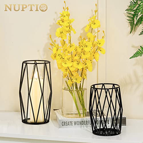 NUPTIO Black Geometric Hurricane Glass Candle Holders, Set of 2 - color: Black, size: XS+S