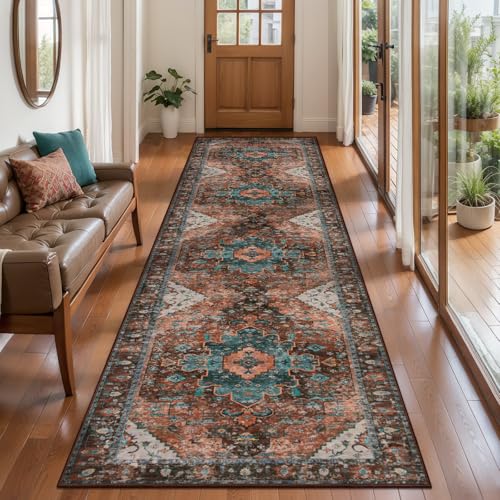 Ciicool Long 3x10ft Non-Slip Back Washable Runner Rugs for Hallways Bedside - color: Brick Red/Dull Teal, size: 3' x 10' (Runner)