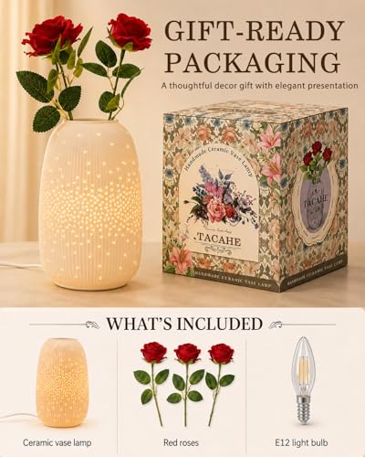 TACAHE Ceramic Vase Table Lamp, 2700K Bulb & 3 Artificial Flowers Included - style: Starry