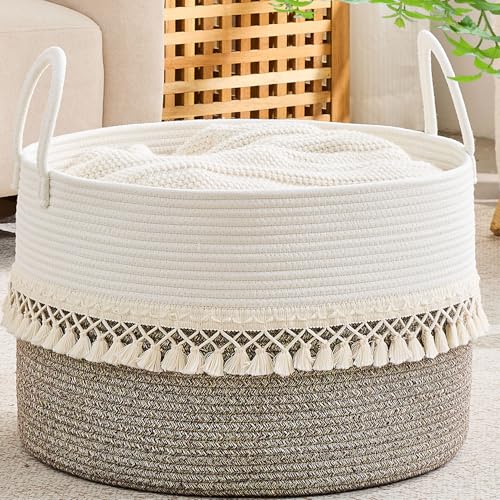 KAKAMAY Large Blanket Basket with Handles, Storage Basket for Living Room - color: Beige Fringe