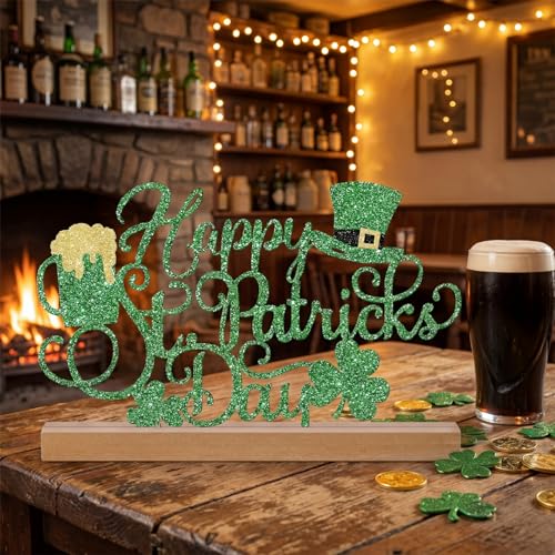 Yaocom 13.78 Inch St Patricks Day Decorations Metal Happy St Patricks Day Irish Shamrock Table Sign Decor with Wooden Base Lucky Clover Leprechaun Centerpiece Gift Decorations for Home Office - style: St. Patrick’s Day