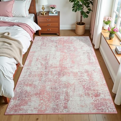3x5 Pink Washable Area Rug for Living Room Bedroom, Modern Abstract Non-Slip Rugs, Low Pile Soft Stain Resistant Carpet for Dining Room, Kitchen, Office, Dorm, Bedside Decor - color: Pink, size: 3' x 5' (Rectangular)