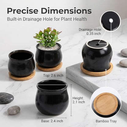 SHECIPIN 8 Pack Succulent Plant Pot, Matte Black Mini 2.6 inch Ceramic Flower Planter Pot with Bamboo Tray, Small Pots for Plants, Plants Not Included - color: Black