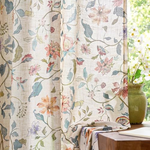 jinchan Beige Floral Linen Curtains 84 Inch Farmhouse Back Tab 2 Panels - color: Hattie Beige, size: 50"W x 84"L (Pack of 2)