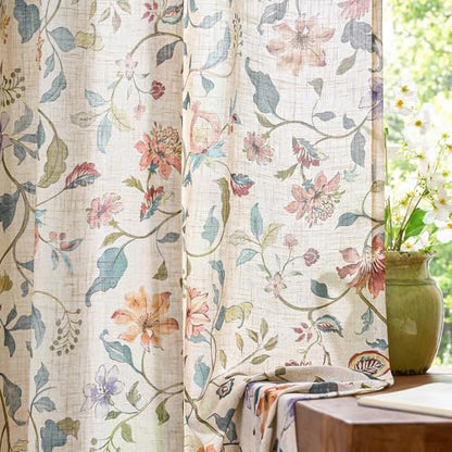 jinchan Beige Floral Linen Curtains 84 Inch Farmhouse Back Tab 2 Panels - color: Hattie Beige, size: 50"W x 84"L (Pack of 2)