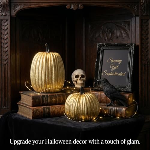 Gold Halloween Pumpkin Decor, Small Resin Pumpkins Set of 2 - color: Gold and Black-set of 2