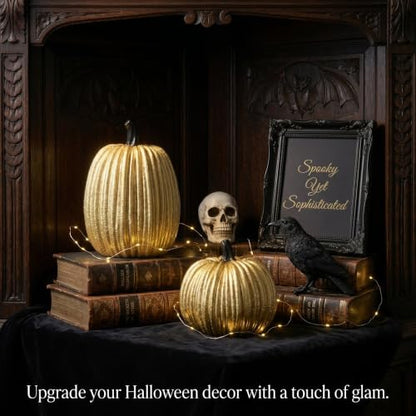 Gold Halloween Pumpkin Decor, Small Resin Pumpkins Set of 2 - color: Gold and Black-set of 2