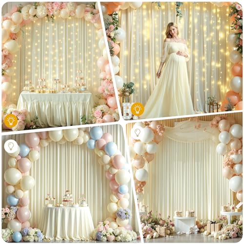 10 x 10ft Beige Backdrop Curtains with Lights String for Party - color: Beige, size: W5' x H10'(2 panels)