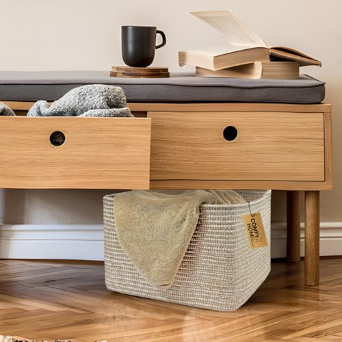 COMFY-HOMI Cotton Rope Woven Basket with Handles for Shelves,Toys,Book, Cloth Storage Baskets Bin for Organizing- 1 PCSToy Decorative Organizer for Living Room, Bathroom - color: Camel/White, size: 13.5"X11"X9.5"