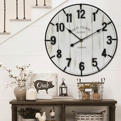 Large Old Town Farmhouse Wall Clock – 24 Inches Rustic Antique Wood with Metal Circle and Large Numerals, Silent Battery Operated Clock for Office, Kitchen, Bedroom, Living Room (Washed White) - color: White, size: 24 Inch