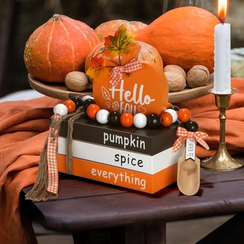 Fall Decorations for Home 5PCS Wood Faux Book Stack and Pumpkin Sign - color: Faux Book and Pumpkin