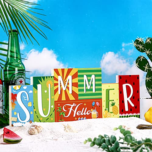 Hello Summer Table Decor Beach Party Centerpiece Wooden Sign for Home Office Indoor Outdoor Tiered Tray Shelf - style: Flag
