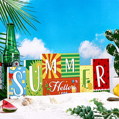 Hello Summer Table Decor Beach Party Centerpiece Wooden Sign for Home Office Indoor Outdoor Tiered Tray Shelf - style: Flag