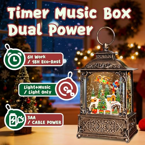 SUNFACE Christmas Snow Globe Lantern, Santa Claus Sleigh Train Light Up Musical Snow Globes with 6H Timer, 3 AA Battery & USB Powered, Glitter Water Globe Indoor for Kids Women Adults - color: Train Christmas Tree Sleigh 102