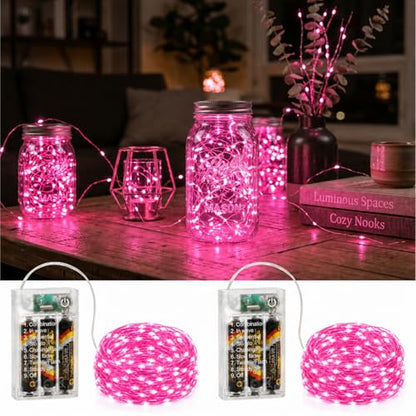 16FT 50LED Fairy Lights Battery Operated (Included), 2 Packs - color: Pink, size: 2 Pack - Batteries Included