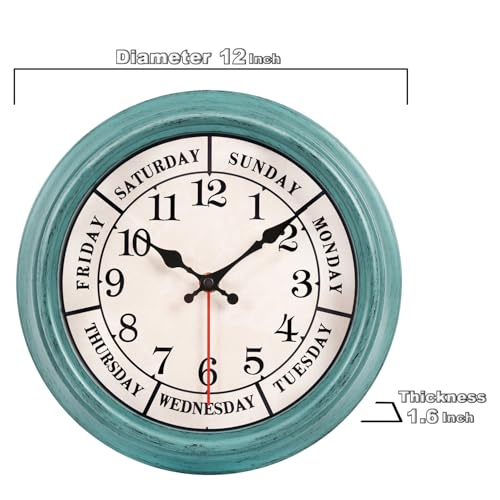 zyzamay 12 Inch Retro Wall Clock,Classic Day of The Week Wall Clock,Easy to Read,Non-Ticking Round Classic(Green) - color: 12 Week Green