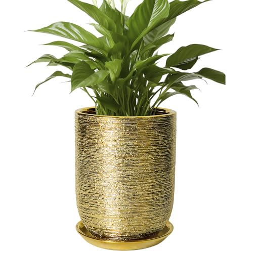 Indoor Plant Pot 8 Inch - Ceramic Planter for Indoor Outdoor Flowers, Round Modern Flower Pot with Drainage Hole and Saucer, Gifts for Plants Lovers, Garden Room Decor, Gold - color: Golden, size: 8 Inch