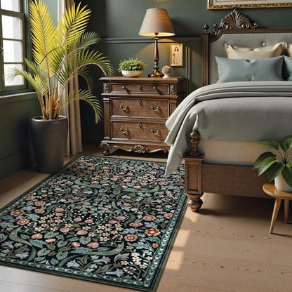 Lahome Dark Floral Rug, 3x5 Soft Moody Botanical Entryway Rug - color: Black, size: 3' x 5'