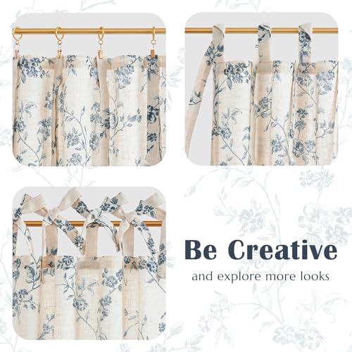 jinchan Blue Floral Kitchen Tier Curtains Alisa 24 Inches Tie Top 2 Panles - color: Alisa Blue on Linen, size: 26"W x 24"L (Pack of 2)