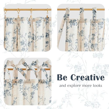 jinchan Blue Floral Kitchen Tier Curtains Alisa 36 Inches Tie Top 2 Panles - color: Alisa Blue on Linen, size: 26"W x 36"L (Pack of 2)