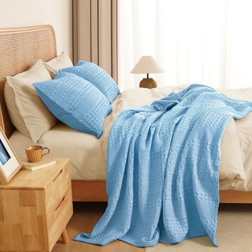 PHF Lightweight 100% Cotton Waffle Throw Blanket for Couch, Airy Blue - color: Airy Blue, size: Throw(50"x60")
