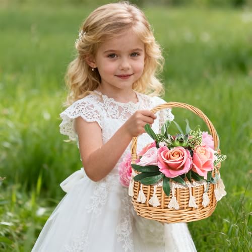 WRINGKIT 2 Pack Flower Girl Basket, Decorative Silk Petal, Small Boho Style