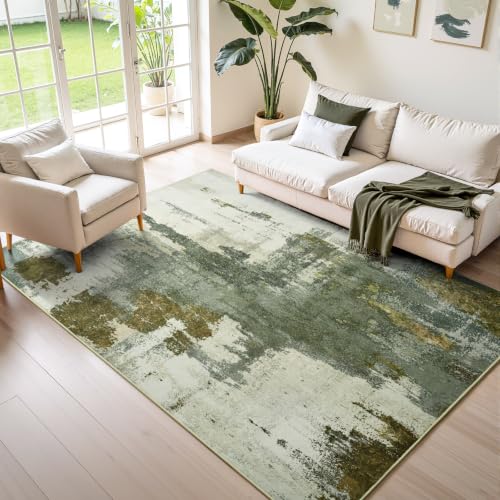 Kelarea Washable Area Rug 4x6, Non-Slip Low Pile Abstract Green - color: Green, size: 4' x 6' (Rectangular)
