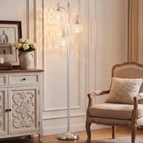 JUNNAI Silver Floor Lamps Brushed Nickel Standing Lamp with Glass Shade 66.5in 3 Way Brightness Lights Mid Century Modern Pole Lights Corner Lamp for Living Room Bedroom Office(Bulbs Included) - color: Silver-4
