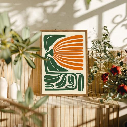 Framed Boho Floral Wall Art, Mid Century Modern Flower Canvas Wall Decor Pictures, Green and Orange Abstract Botanical Paintings Poster Prints Eclectic Home Decor for Living Room Bedroom 12x16 inch - color: Mid Century Modern Floral, size: 16"L x 12"W